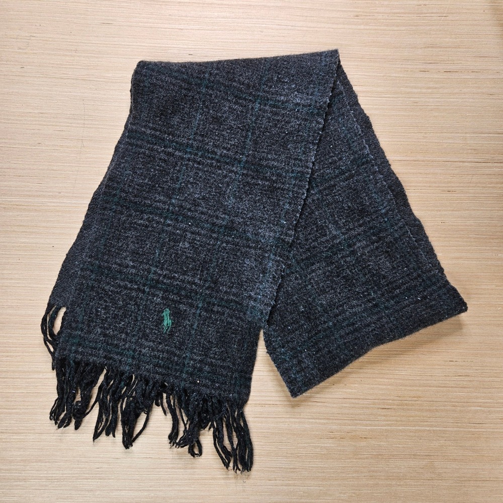 Polo Ralph Lauren Scarf Mens OS Charcoal Grey Lambs Wool Plaid Fringe Italy